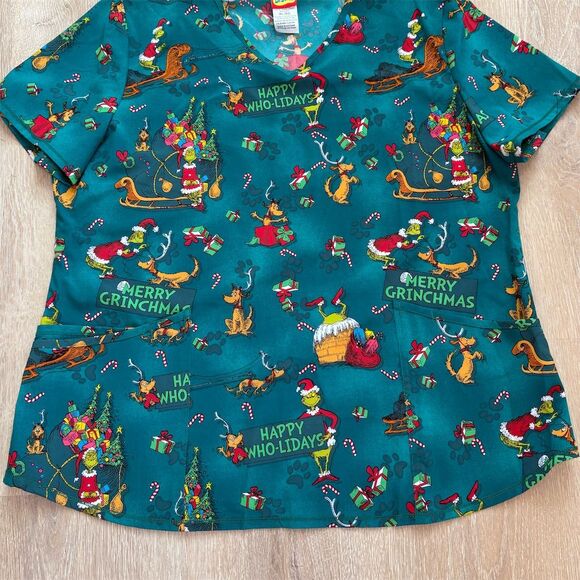 Dr. Seuss Tops - Dr. Seuss Grinch‎ "Merry Grinchmas" V-Neck Scrub Top XL Green Holiday